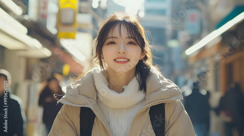 Smiling Young Woman Walks Through a Busy City Street on a Sunny Day
