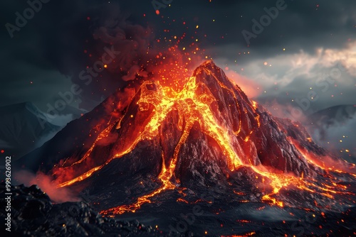 A large erupting volcano spewing hot lava and gases into the dark, smoky sky.