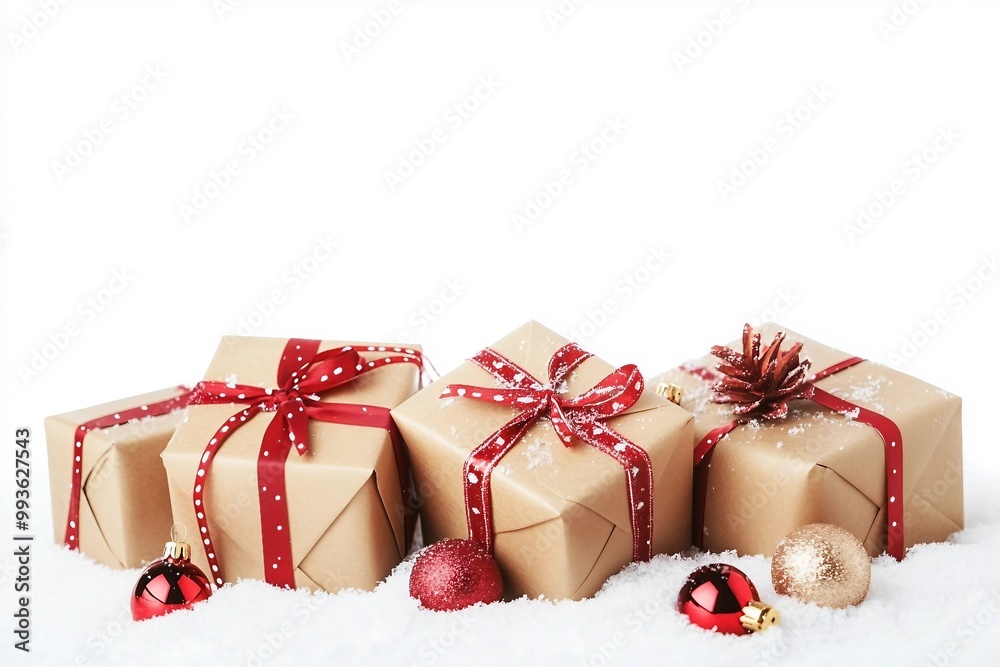 Christmas gift boxes and decor in snow. Isolated on white background Christmas gift boxes and decor in snow. Isolated on white background