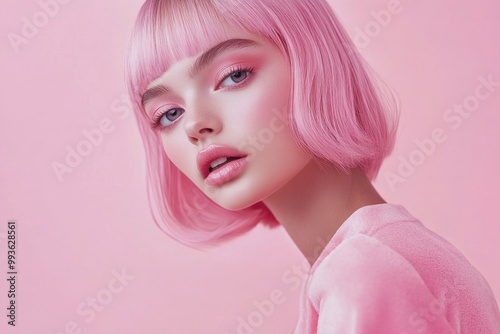 A beautiful woman with pink makeup and glossy lips against a minimalistic solid background.