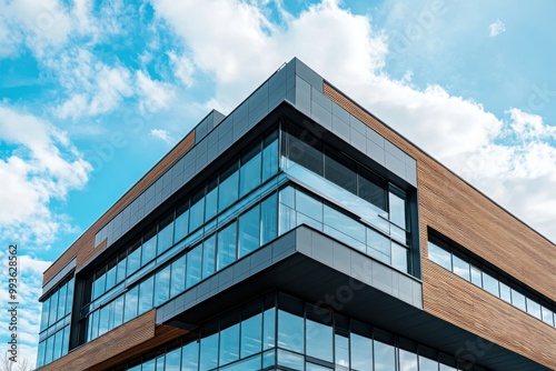 Modern architectural marvel with glass facade under a bright blue sky photo