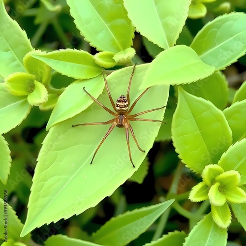 Rusty Brown Spider on Light Green Leaf Surrounded by Foliage photo