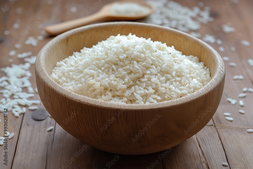 A wooden bowl filled to the brim with raw white rice, accompanied by a small wooden spoon in a kitchen setting. A wooden bowl filled to the brim with raw white rice, accompanied by a small wooden spoon in a kitchen setting.
