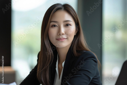 Close-up of an attractive Asian businesswoman sitting in a luxury office. Advertising banner.