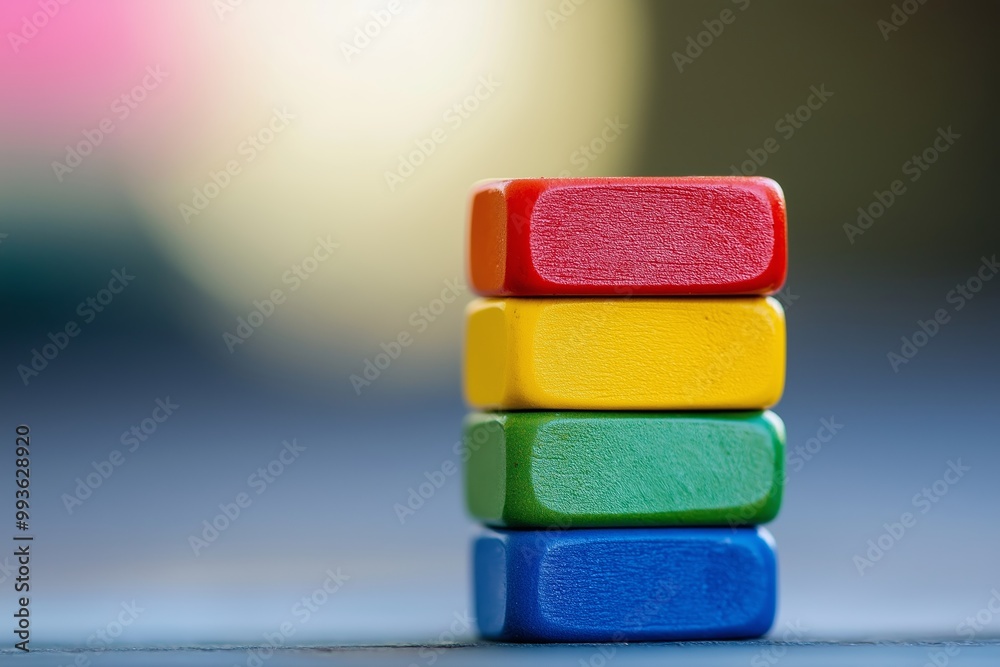 Four colorful rectangular blocks stacked vertically, with each block in a different color. Four colorful rectangular blocks stacked vertically, with each block in a different color.