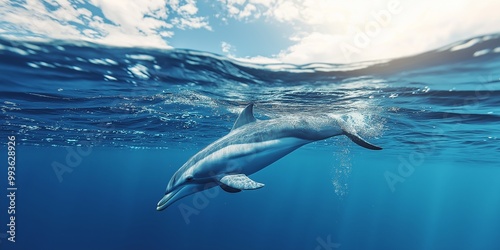 A dolphin swimming gracefully in the clear blue ocean, capturing the beauty and freedom of marine life. photo