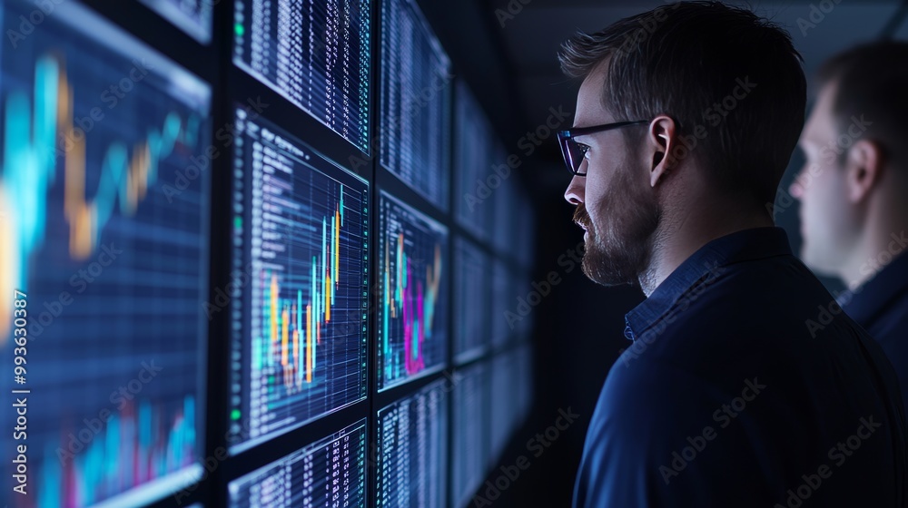 Fototapeta premium Businessman Analyzing Data on Multiple Screens