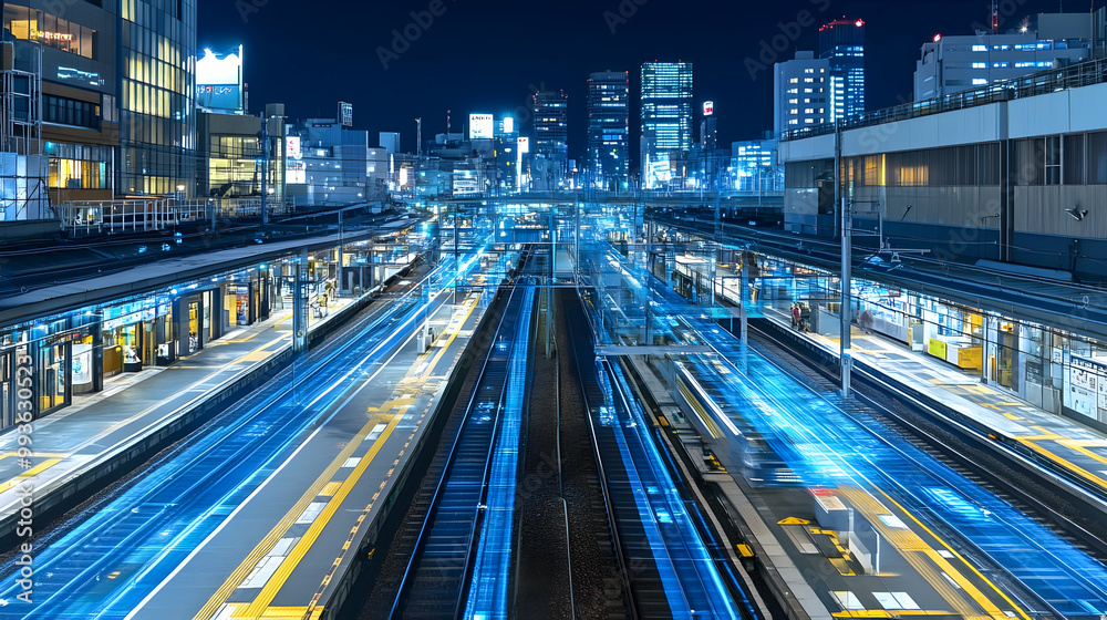 Train Station with Light Trails and City Skyline at Night Train Station with Light Trails and City Skyline at Night