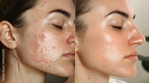 Acne before-and-after comparison Left side shows active acne with inflammation, right side depicts clear skin after treatment, focusing on texture and pore clarity