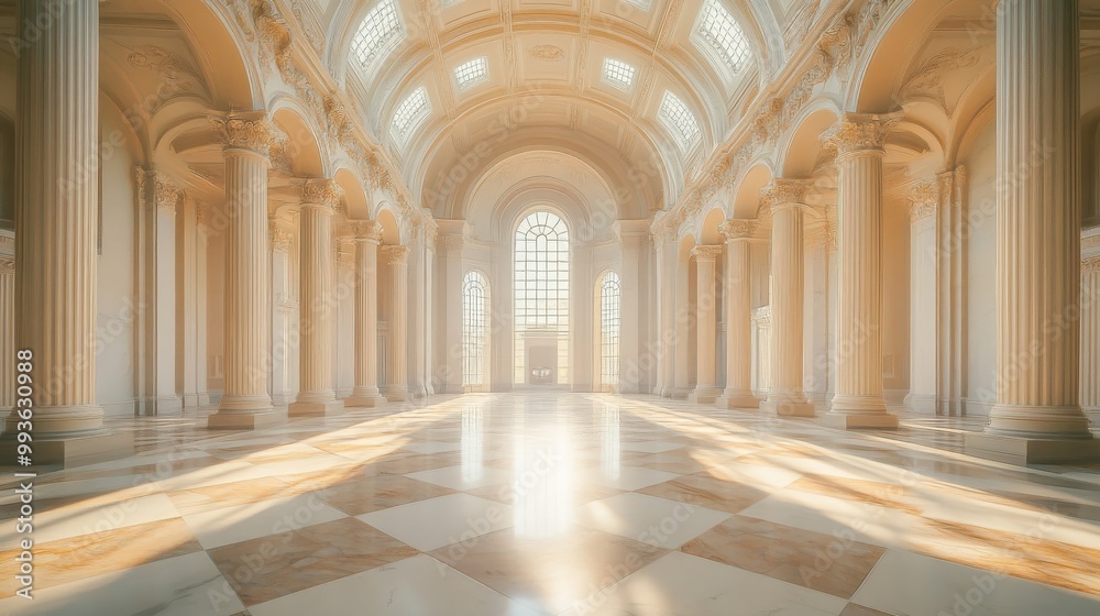 Spacious marble hall with towering columns, arched ceilings, and streaming sunlight Spacious marble hall with towering columns, arched ceilings, and streaming sunlight