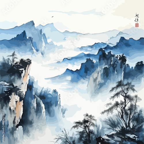 Landscape with blue mountains. Traditional oriental ink painting