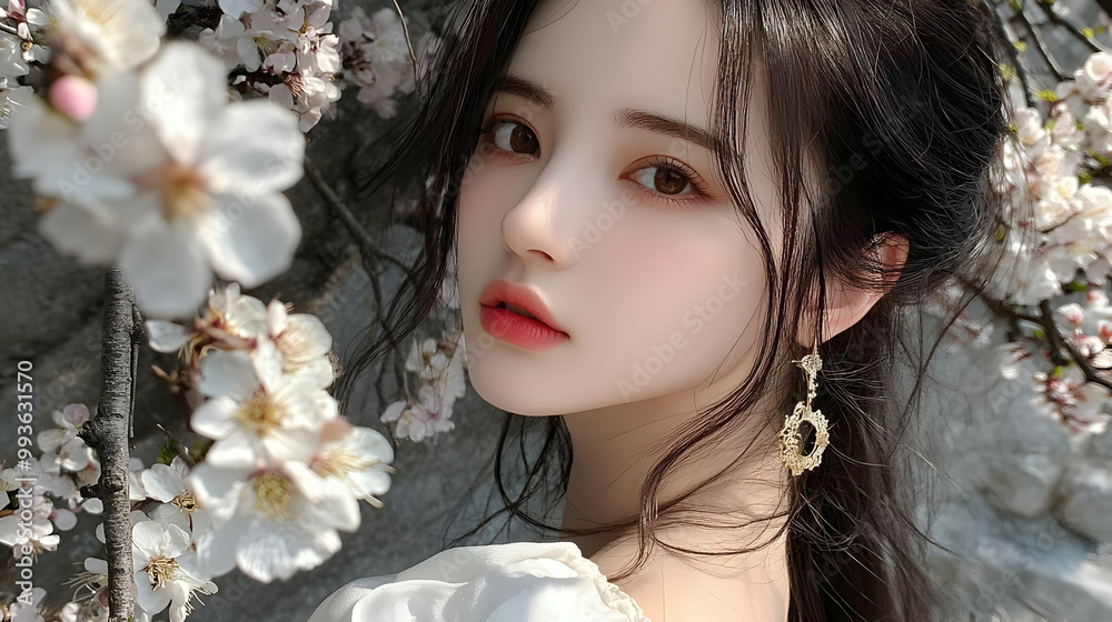 Young Woman with Delicate Features Poses Among White Blossoms in Springtime Young Woman with Delicate Features Poses Among White Blossoms in Springtime