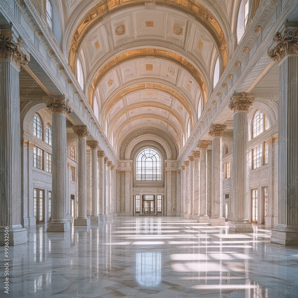 Spacious marble hall with towering columns, arched ceilings, and streaming sunlight Spacious marble hall with towering columns, arched ceilings, and streaming sunlight