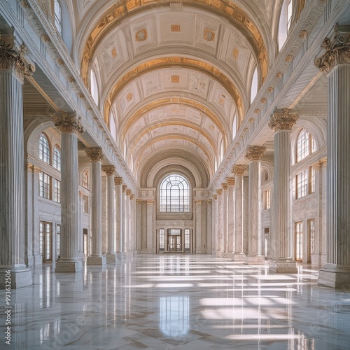 Spacious marble hall with towering columns, arched ceilings, and streaming sunlight