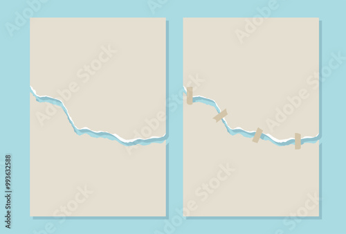 Torn sheet and glued sheet with adhesive tape. Ripped banner. Note paper pieces. Shapes with jagged uneven edges. Paper tears isolated on blue background. Design elements for banner, frame, poster.