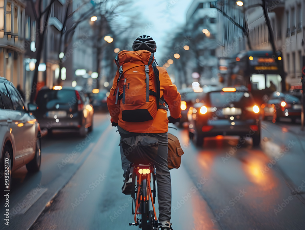 Busy city streets with cars, pedestrians, and tall buildings, a bicycle courier swiftly maneuvers through traffic. Busy city streets with cars, pedestrians, and tall buildings, a bicycle courier swiftly maneuvers through traffic.
