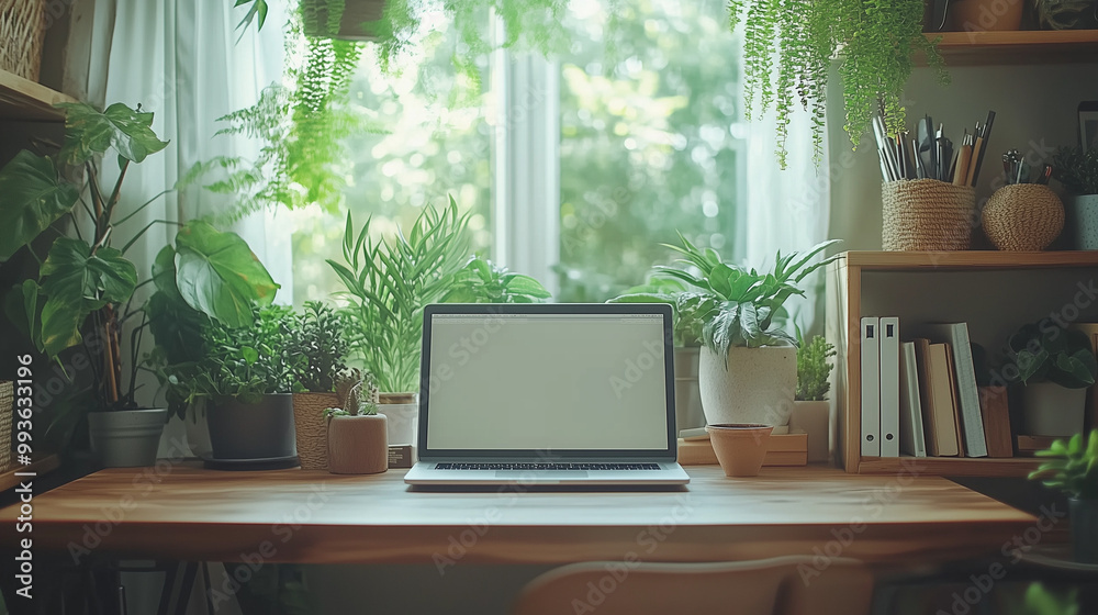 Fototapeta premium Bright Home Office Setup with Laptop & Greenery by Window