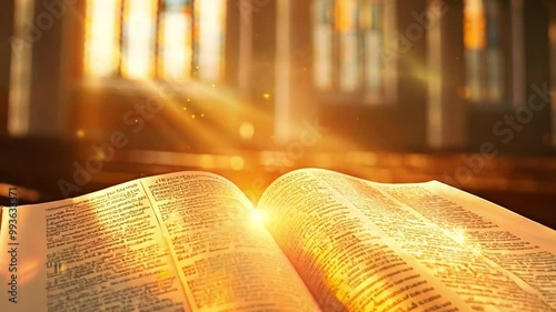 Sunlit sacred scripture: glowing bible in church. Sunbeam on open bible at place of worship. Catholic religious video.