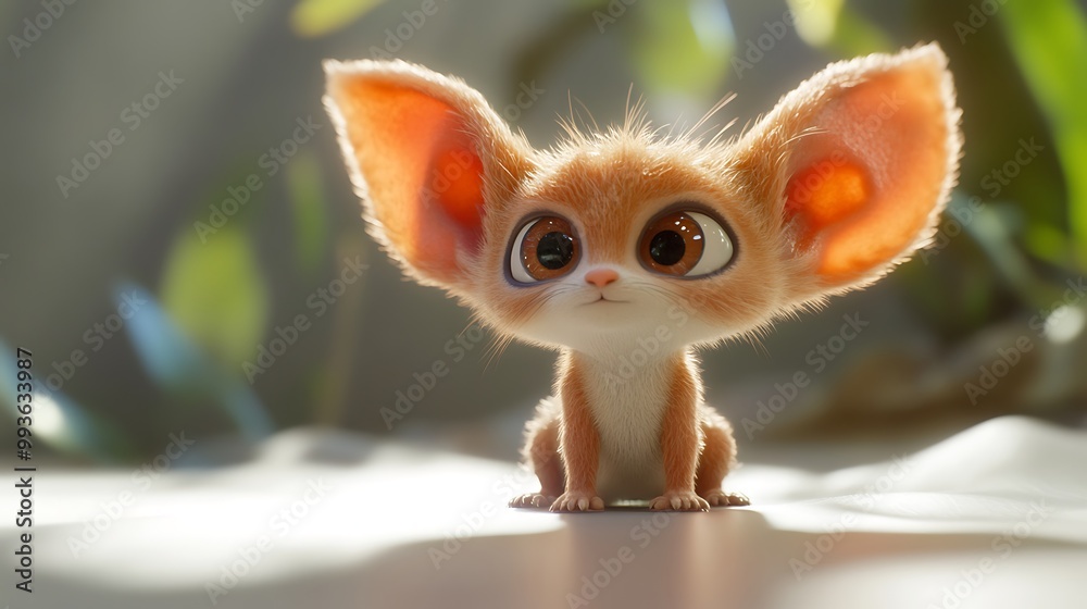 Adorable cartoon fennec fox with large ears and big eyes sits on a white surface. Adorable cartoon fennec fox with large ears and big eyes sits on a white surface.