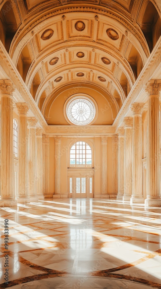 Fototapeta premium Spacious marble hall with towering columns, arched ceilings, and streaming sunlight