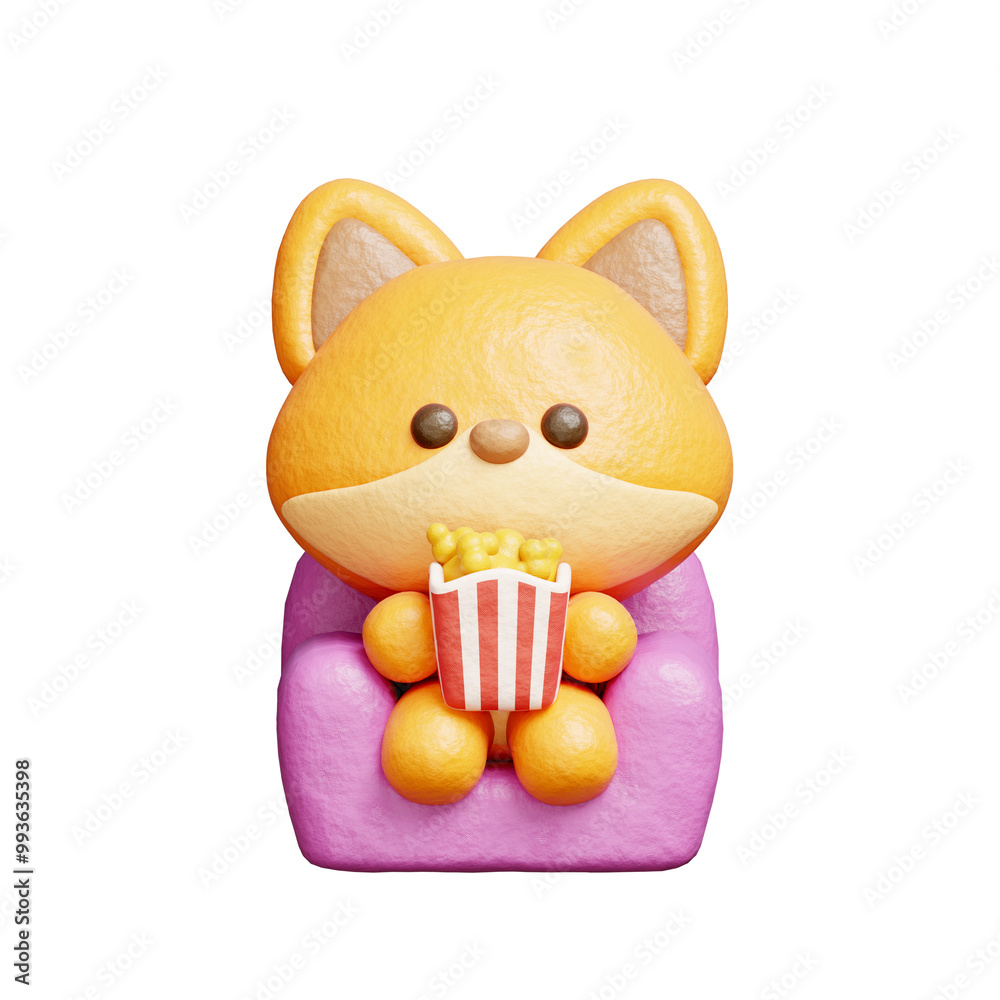 3D cute fox watching a movie, Cartoon animal character, 3D rendering. 3D cute fox watching a movie, Cartoon animal character, 3D rendering.