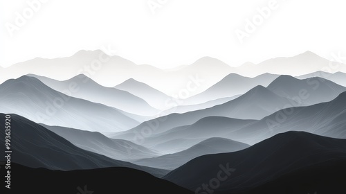 Monochrome mountain silhouette horizon with gradient shades of gray