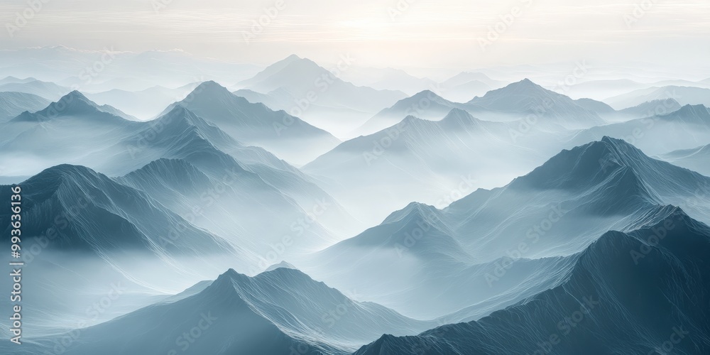 Monochrome mountain silhouette horizon with gradient shades of gray