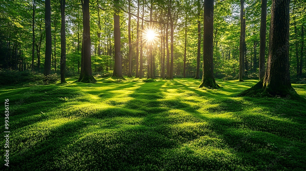 Obraz premium Lush green forest with sunlight filtering through the trees, creating a serene atmosphere, symbolizing the beauty of nature and the importance of recycling