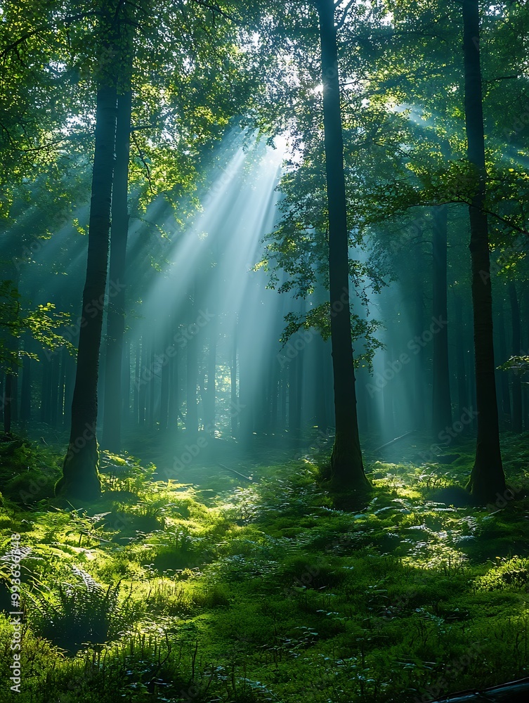 Fototapeta premium Lush green forest with sunlight filtering through the trees, creating a serene atmosphere, symbolizing the beauty of nature and the importance of recycling