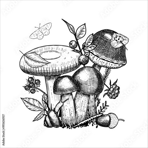 Hand drawn mushrooms with acorn, moss, berries, snail. Vector illustration