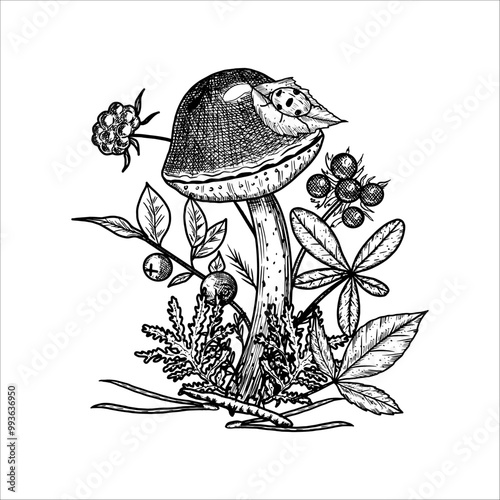 Hand drawn mushroom with  moss, leaves, berries. Vector illustration