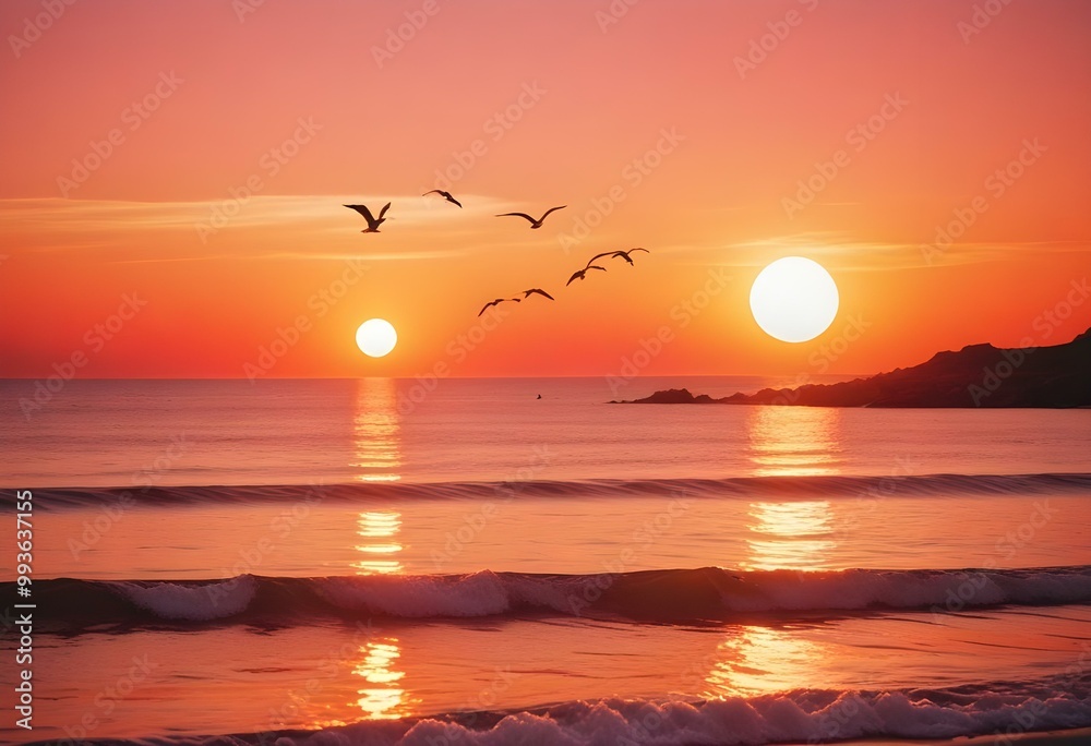 Sunset over a body of water, with the sun appearing as a large, glowing orb reflected in the calm waters Sunset over a body of water, with the sun appearing as a large, glowing orb reflected in the calm waters
