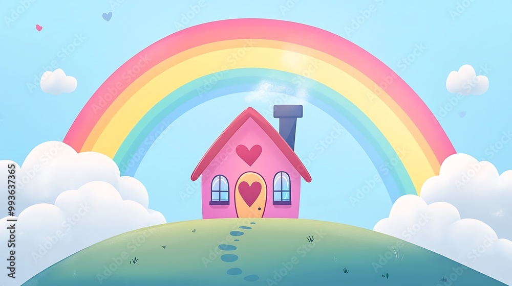 Naklejka premium A cute pink house with a rainbow arching over it, representing happiness, love, and a sense of home.