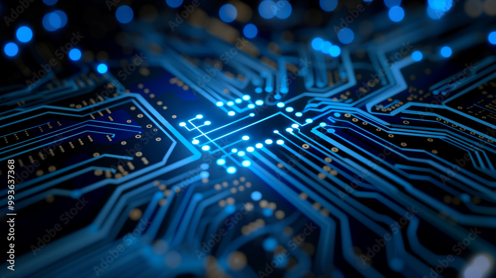Abstract Blue Circuit Board with Glowing Lights Abstract Blue Circuit Board with Glowing Lights