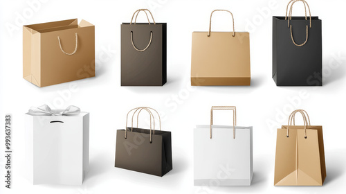 These realistic designs show paper bags and boxes for shopping, gifts, and food. They come in white, brown, and black, made from craft paper or cardboard. Some have string handles and clear windows.