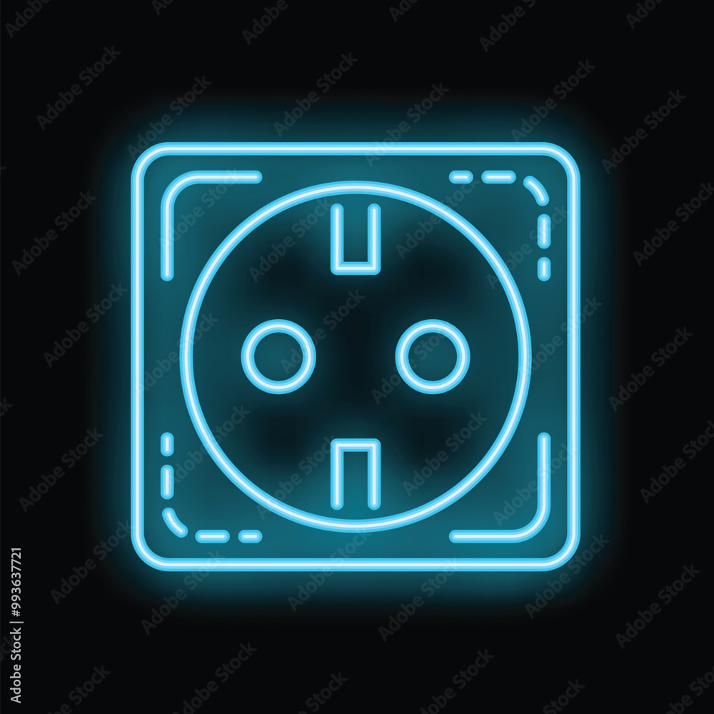 Neon blue european electrical socket is glowing brightly against a dark background Neon blue european electrical socket is glowing brightly against a dark background