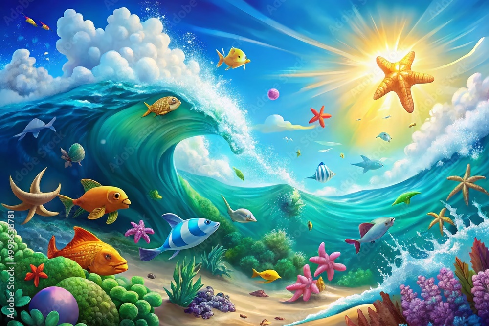 Naklejka premium Vibrant Cartoon Illustration of an Ocean Scene with Waves, Sun, and Playful Marine Life Elements