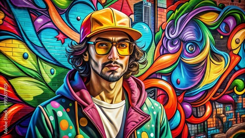 Vibrant Cartoon Wallpaper Featuring a Dynamic Rapper Character in Urban Street Art Style Design photo