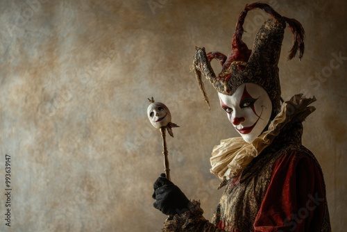 An elegant jester stands holding a scepter adorned with a masked figure in a timeless setting photo