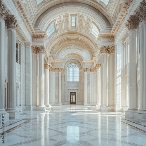 Spacious marble hall with towering columns  arched ceilings  and streaming sunlight