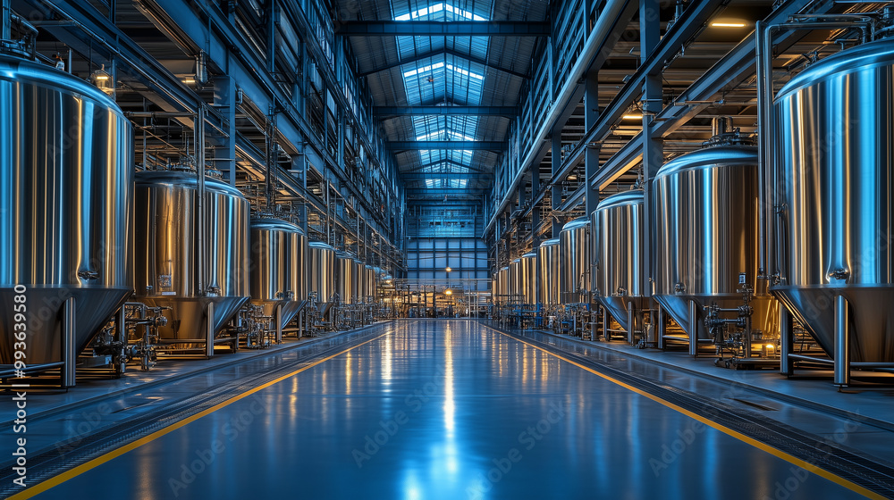 Obraz premium A photograph of large stainless steel beer tanks in the center, a bright and clean modern factory floor, a large open space, a symmetrical composition, a wide-angle lens, cool tone