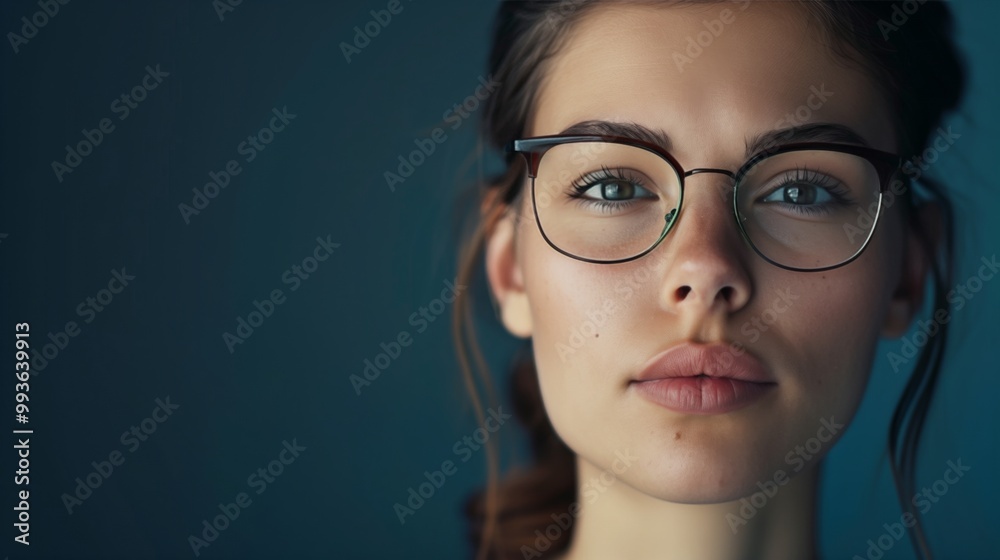 Fototapeta premium Thoughtful Young Woman Wearing Glasses Against Dark Background â€“ Close-Up Portrait Photograph for Lifestyle and Fashion