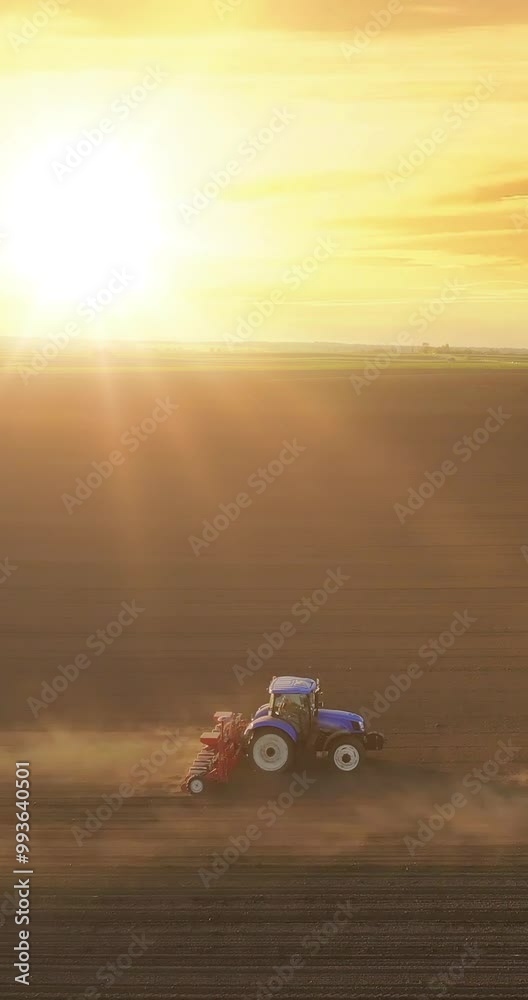 Aerial view of a farmers in two tractors seeding at sunset. Drone shot of sowing agricultural crops at field Aerial view of a farmers in two tractors seeding at sunset. Drone shot of sowing agricultural crops at field