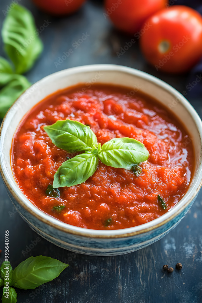 Tomato basil sauce in bowl with fresh ingredients Tomato basil sauce in bowl with fresh ingredients