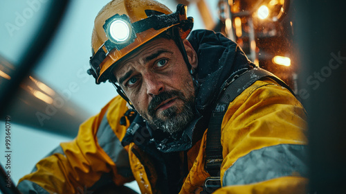 focused offshore worker in yellow safety suit and helmet, equipped with headlamp, is engaged in maintenance tasks on wind turbine. scene conveys sense of dedication and professionalism in challenging