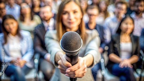 A young European woman in a business suit extends a microphone forward, confidently addressing her audience. This image captures the essence of leadership and engagement in public speaking.