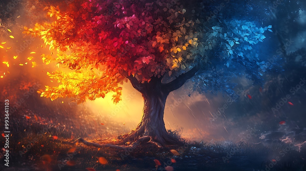 A tree with vibrant leaves, half orange and red and half blue, symbolizing the changing seasons in a mystical forest. A tree with vibrant leaves, half orange and red and half blue, symbolizing the changing seasons in a mystical forest.