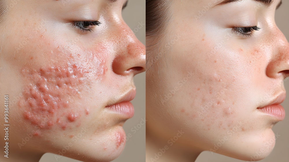 Obraz premium Facial comparison from acne breakouts to nearly healed skin--red pustules fading into light scars with reduced pore size and redness decrease