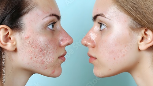 Acne treatment result comparison side-by-side progression from severe acne to a clear, even skin tone, photographed in a medical clinic setting