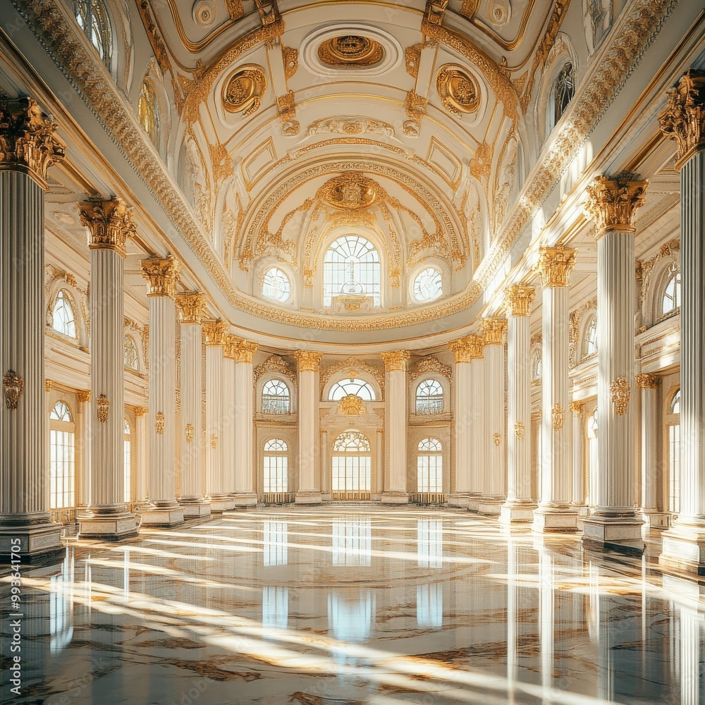Obraz premium Spacious marble hall with towering columns, arched ceilings, and streaming sunlight
